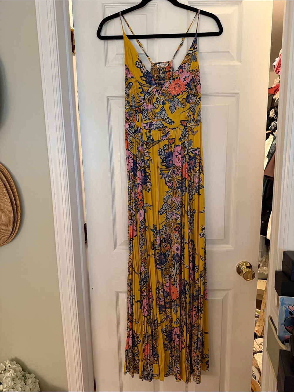 Free People Yellow Floral Maxi Dress with Spaghetti Straps
